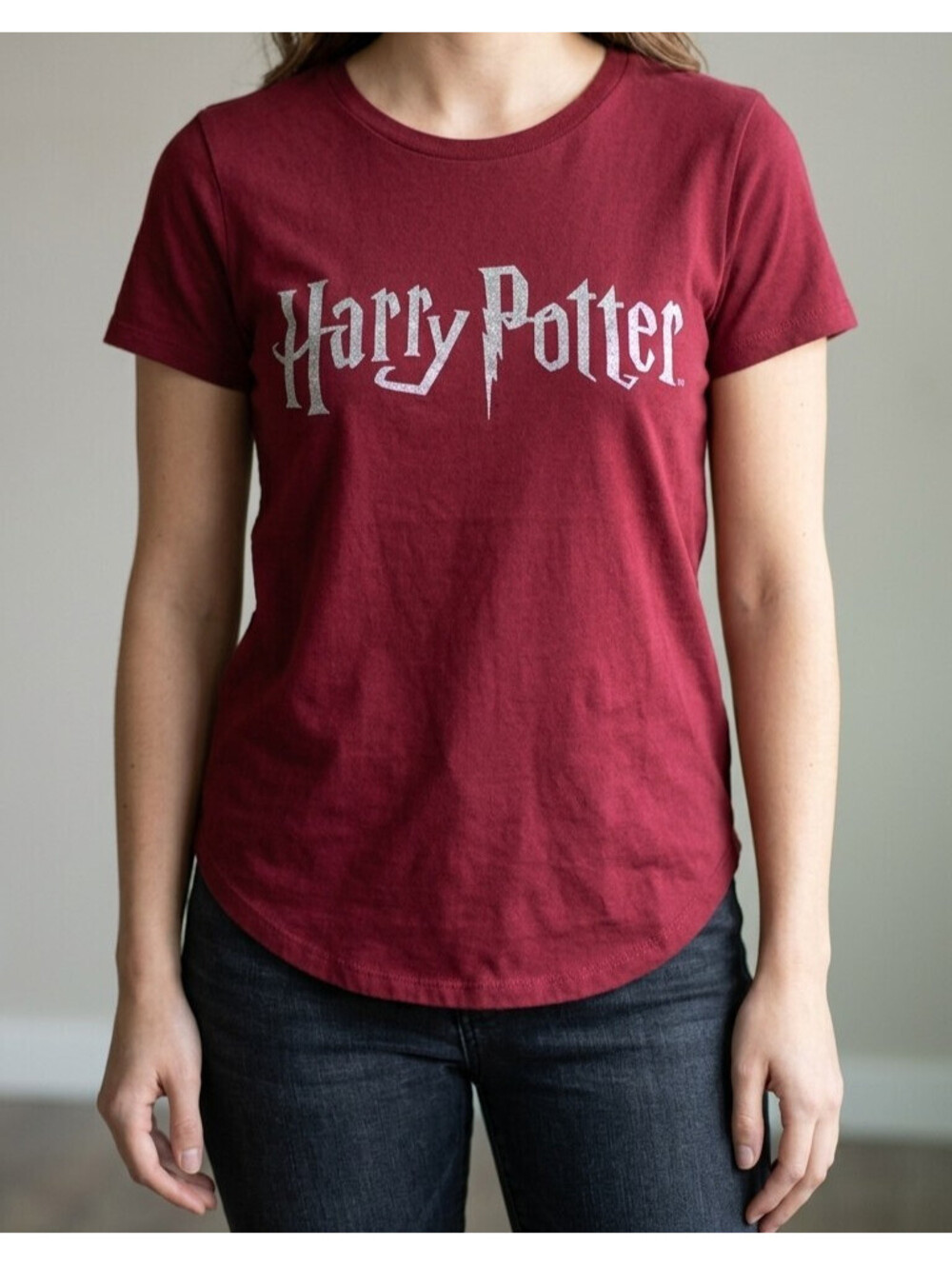 Maroon Harry Potter Wizarding World Tee XS Curved Hem Glitter Used Good Cond (76